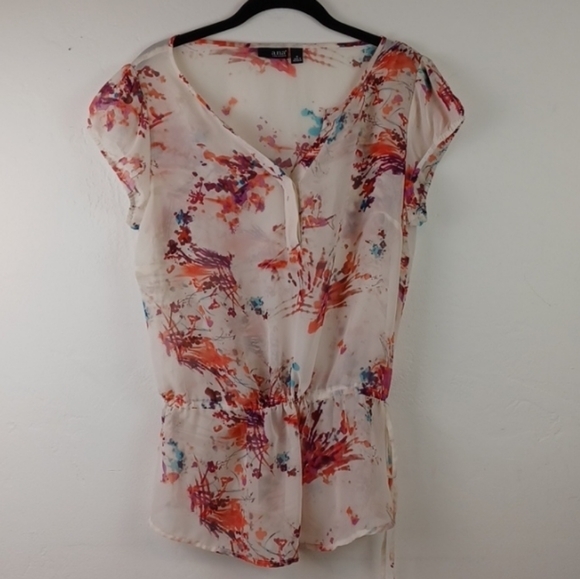 a.n.a. Sheer White Floral Drawstring-Waist Dainty Romantic Cap Sleeve Blouse (M) - Picture 1 of 11